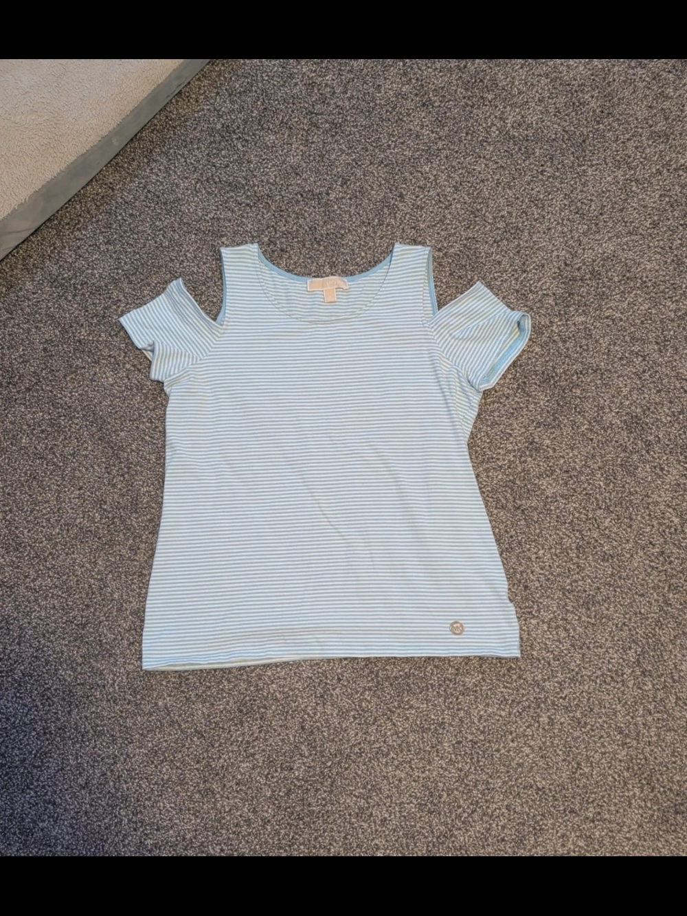 Michael Kors Women Large Pale Blue and White Striped Cold Shoulder Tee